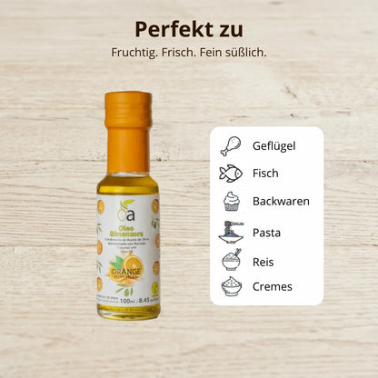 Olivenoel mit Orange – fruchtig und leicht suesslich, ideal fuer Gefluegel, Fisch, Backwaren, Pasta, Reis und Cremes