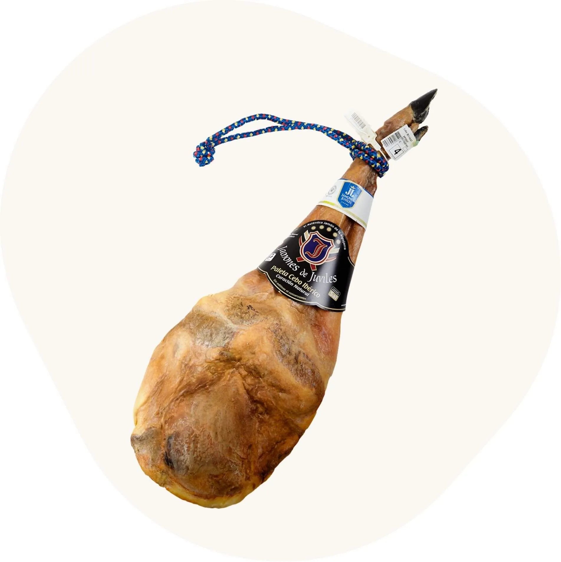 Paleta Cebo Ibérica Vorderschinken ganze Schulterkeule mit schwarzem Etikett und bunter Aufhängekordel, luftgetrocknet