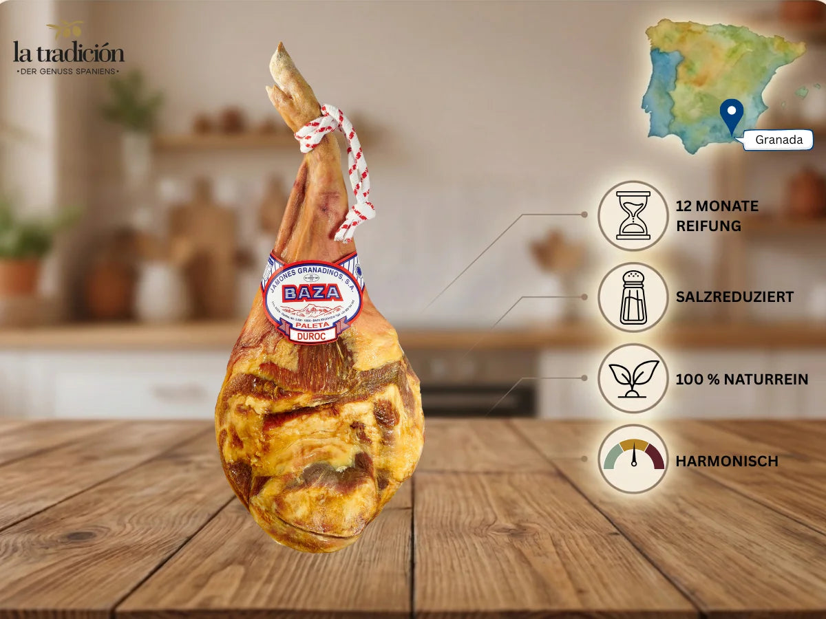 Paleta Serrano Duroc von Baza aus Granada mit 12 Monaten Reifung, salzreduziert und naturrein mit harmonischem Geschmack.
