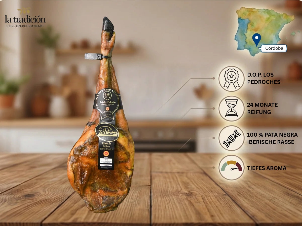 Ganze Paleta Ibérica Bellota 100% Pata Negra aus Córdoba mit D.O.P. Los Pedroches und 24 Monaten Reifung.