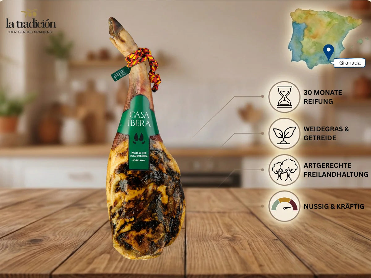 Spanische Paleta Iberica Cebo de Campo aus Granada mit 30 Monaten Reifung Freilandhaltung und kraeftigem Geschmack