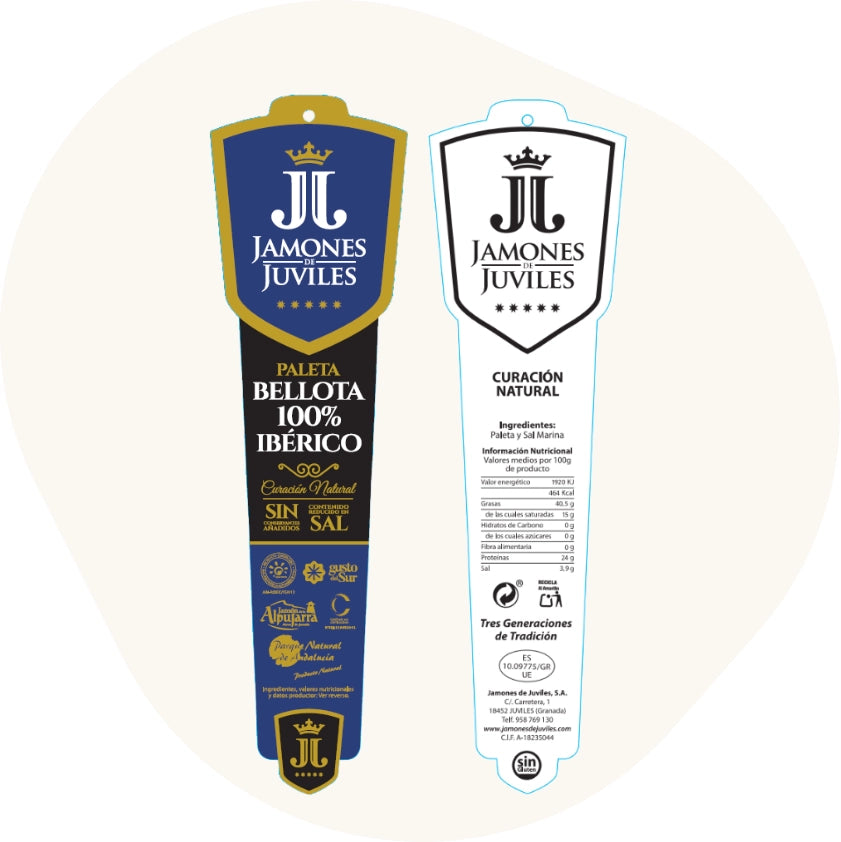 Originales Etikett der Pata Negra Ibérico Paleta von Jamones de Juviles mit Angaben zu 100 % iberischer Rasse, 24 Monaten Reifung, Zutaten und Nährwerten