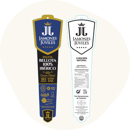 Originales Etikett der Pata Negra Ibérico Paleta von Jamones de Juviles mit Angaben zu 100 % iberischer Rasse, 24 Monaten Reifung, Zutaten und Nährwerten