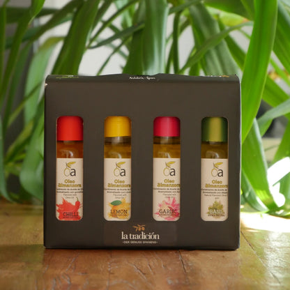 Premium Geschenkbox mit 4 aromatisierten Olivenölen – Chili, Zitrone, Knoblauch und Basilikum, ideal als Geschenk