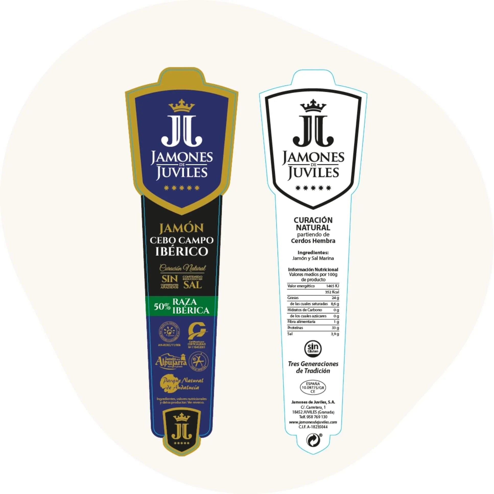 Produktetiketten Iberico Schinken von Jamones de Juviles – Vorderseite blau-gold mit Qualitätsangaben, Rückseite mit Zutaten und Nährwertinformationen.