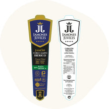 Produktetiketten Iberico Schinken von Jamones de Juviles – Vorderseite blau-gold mit Qualitätsangaben, Rückseite mit Zutaten und Nährwertinformationen.