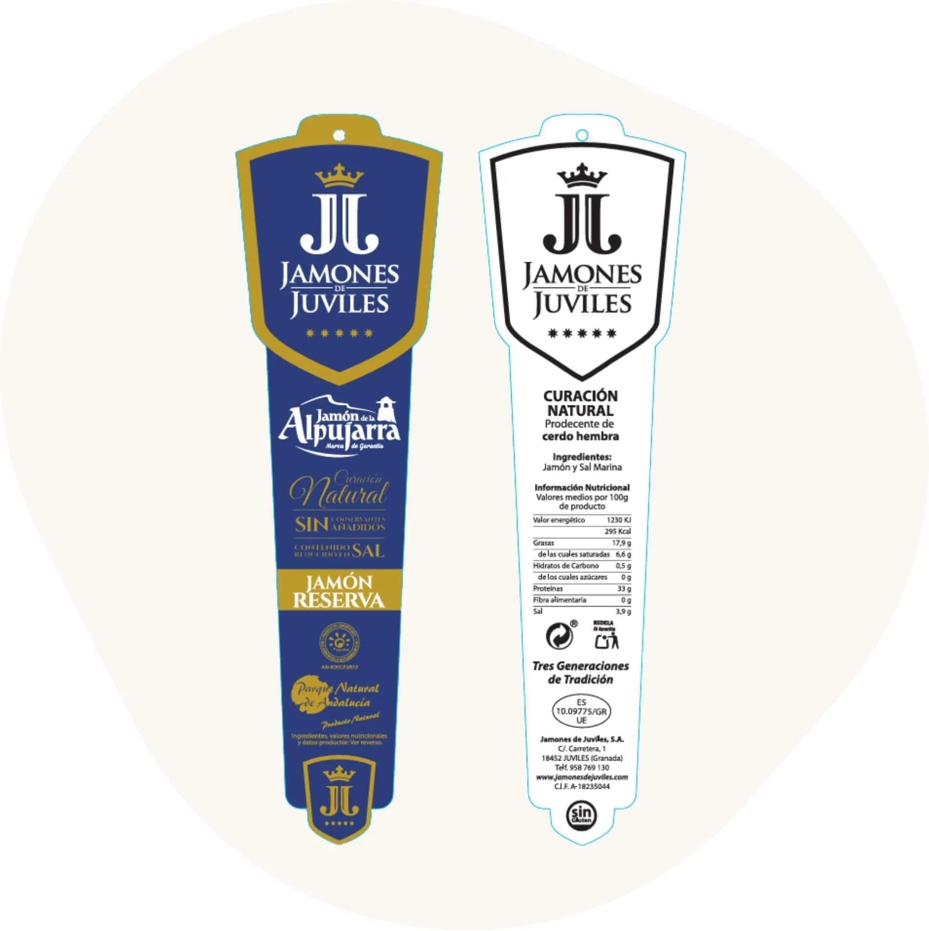 Produktetiketten Jamón Reserva aus der Alpujarra von Jamones de Juviles – Vorder- und Rückseite mit goldener „Reserva“-Kennzeichnung und Nährwertangaben.