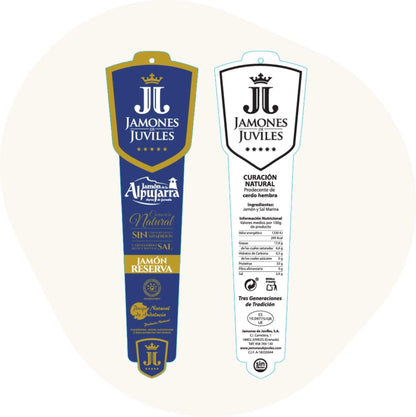 Produktetiketten Jamón Reserva aus der Alpujarra von Jamones de Juviles – Vorder- und Rückseite mit goldener „Reserva“-Kennzeichnung und Nährwertangaben.