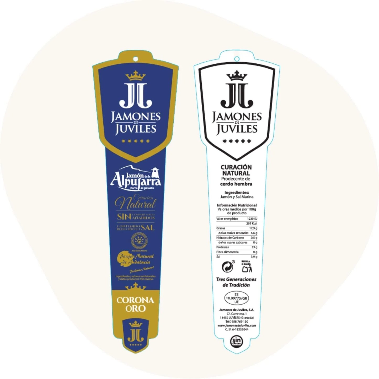 Produktetiketten Jamón de la Alpujarra „Corona Oro“ von Jamones de Juviles – Vorderseite blau-gold mit Qualitätsangaben, Rückseite mit Zutaten und Nährwertinformationen.