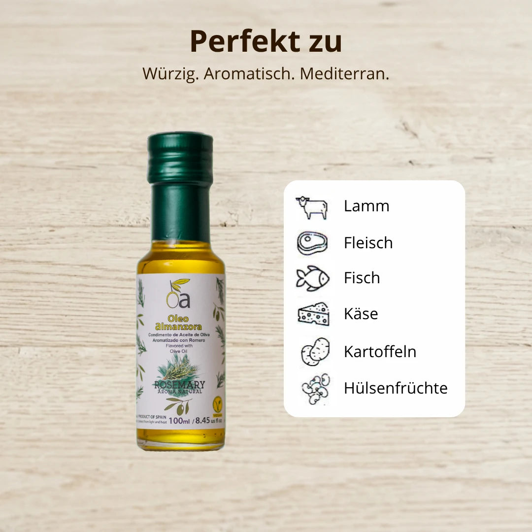 Aromatisiertes Olivenoel mit Rosmarin – ideal fuer Lamm, Fleisch, Fisch, Kaese, Kartoffeln und Huelsenfruechte