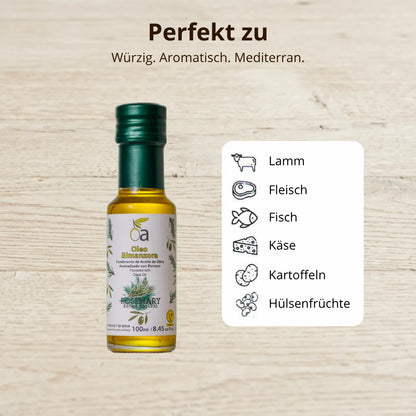 Aromatisiertes Olivenoel mit Rosmarin – ideal fuer Lamm, Fleisch, Fisch, Kaese, Kartoffeln und Huelsenfruechte