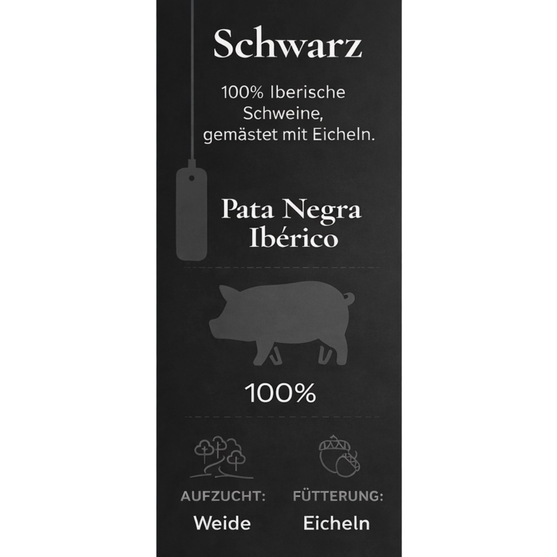 Schwarze Qualitätskennzeichnung für Pata Negra Ibérico, 100% Ibérico-Schwein, Weidehaltung, Fütterung mit Eicheln.