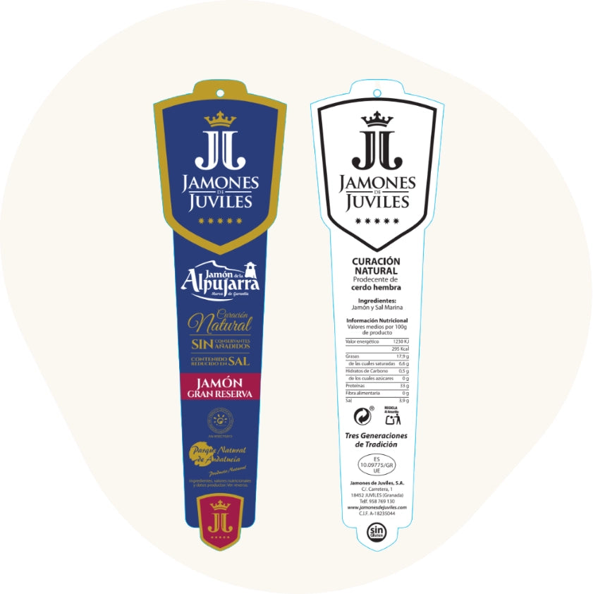 Originales Etikett des Serrano Gran Reserva Jamón von Jamones de Juviles mit Angaben zu Herkunft Alpujarra, natürlicher Reifung, Zutaten und Nährwerten