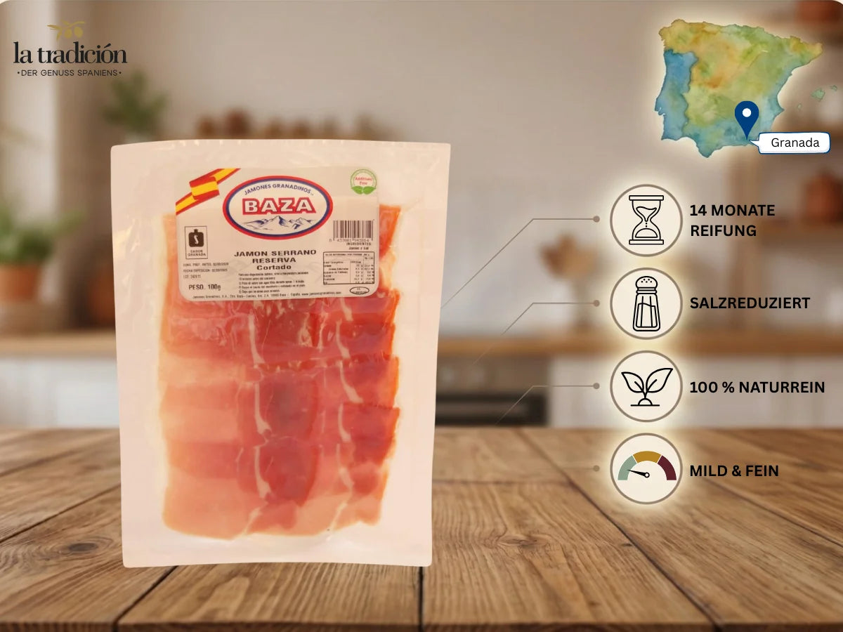 Packung Serrano Schinken Reserva von Baza aus Granada mit 14 Monaten Reifung, salzreduziert und naturrein.