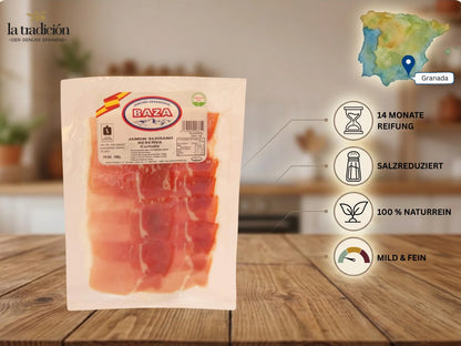 Packung Serrano Schinken Reserva von Baza aus Granada mit 14 Monaten Reifung, salzreduziert und naturrein.