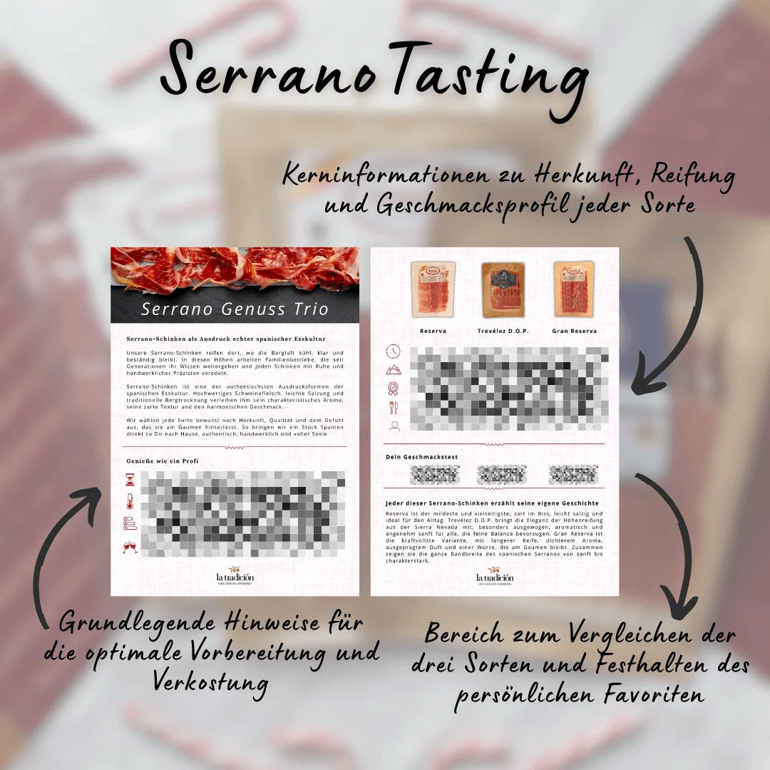 Serrano Tasting Sheet mit verdeckten Bereichen Hinweise zur Verkostung, Infos zu drei Sorten und Vergleichsfeld