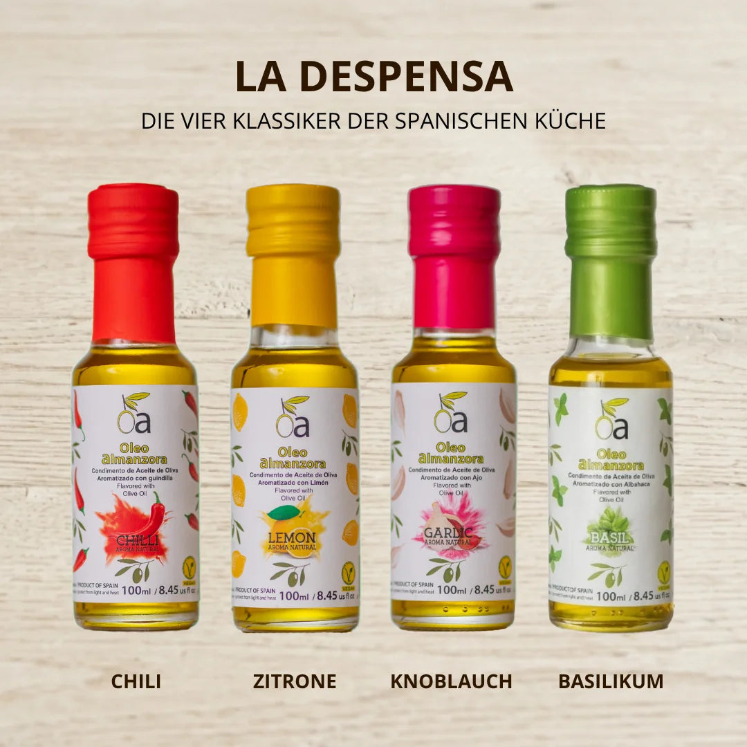 Aromatisierte Olivenöle Set „La Despensa“ mit Chili, Zitrone, Knoblauch und Basilikum für mediterrane Gerichte