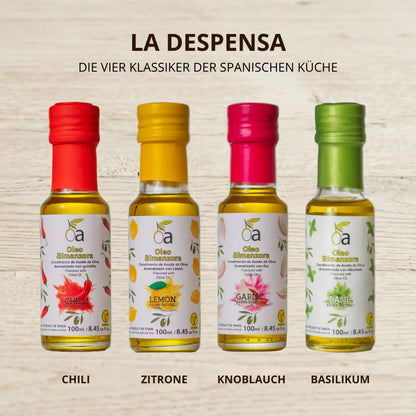 Aromatisierte Olivenöle Set „La Despensa“ mit Chili, Zitrone, Knoblauch und Basilikum für mediterrane Gerichte