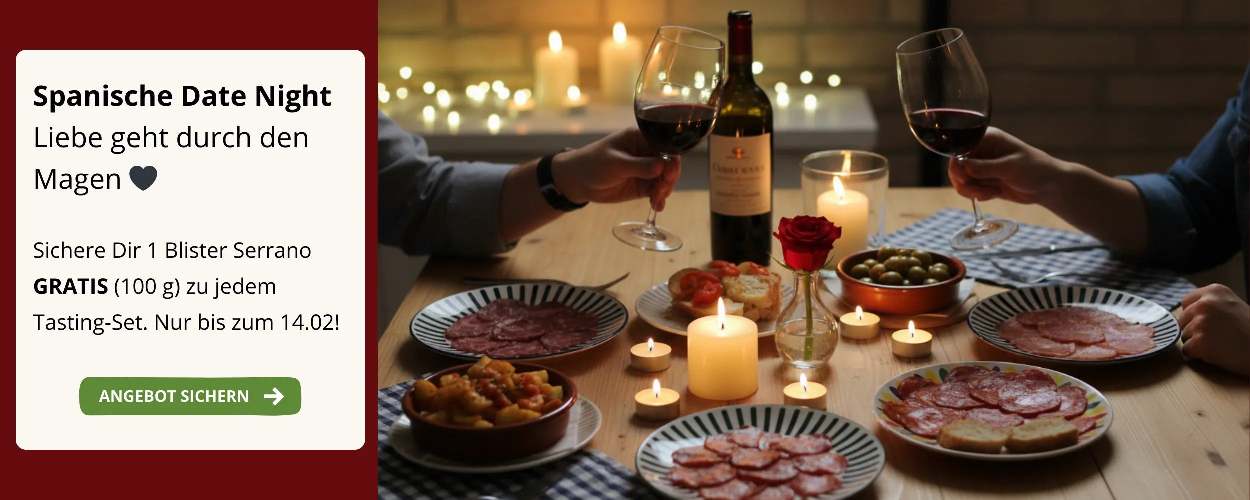 Romantischer Tisch mit spanischen Tapas, Serrano- und Ibérico-Schinken, Rotwein und Kerzenlicht – Date-Night-Angebot mit gratis Serrano-Blister zum Tasting-Set.