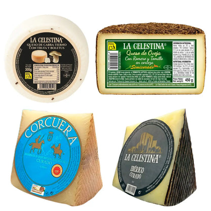 Spanisches Käse Set mit Manchego D.O.P. Curado, Ibérico Curado, Ziegenkäse mit Trüffel und Steinpilz sowie Schafskäse mit Rosmarin und Thymian von Quesos Corcuera und La Celestina