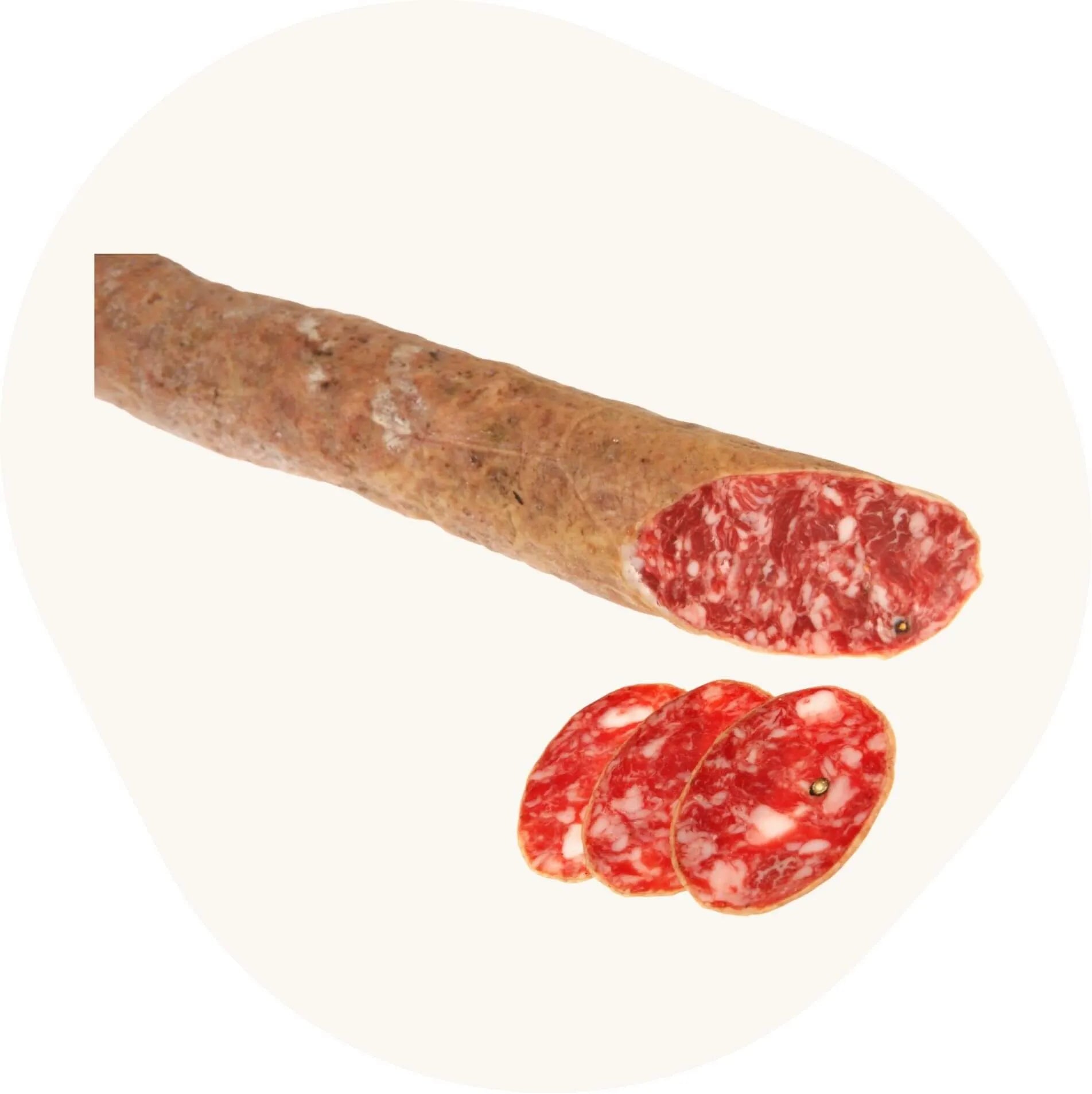 Spanischer Salami (Salchichón Ibérico), luftgetrocknet, mit sichtbaren weißen Speckstückchen und dünn aufgeschnittenen Scheiben.