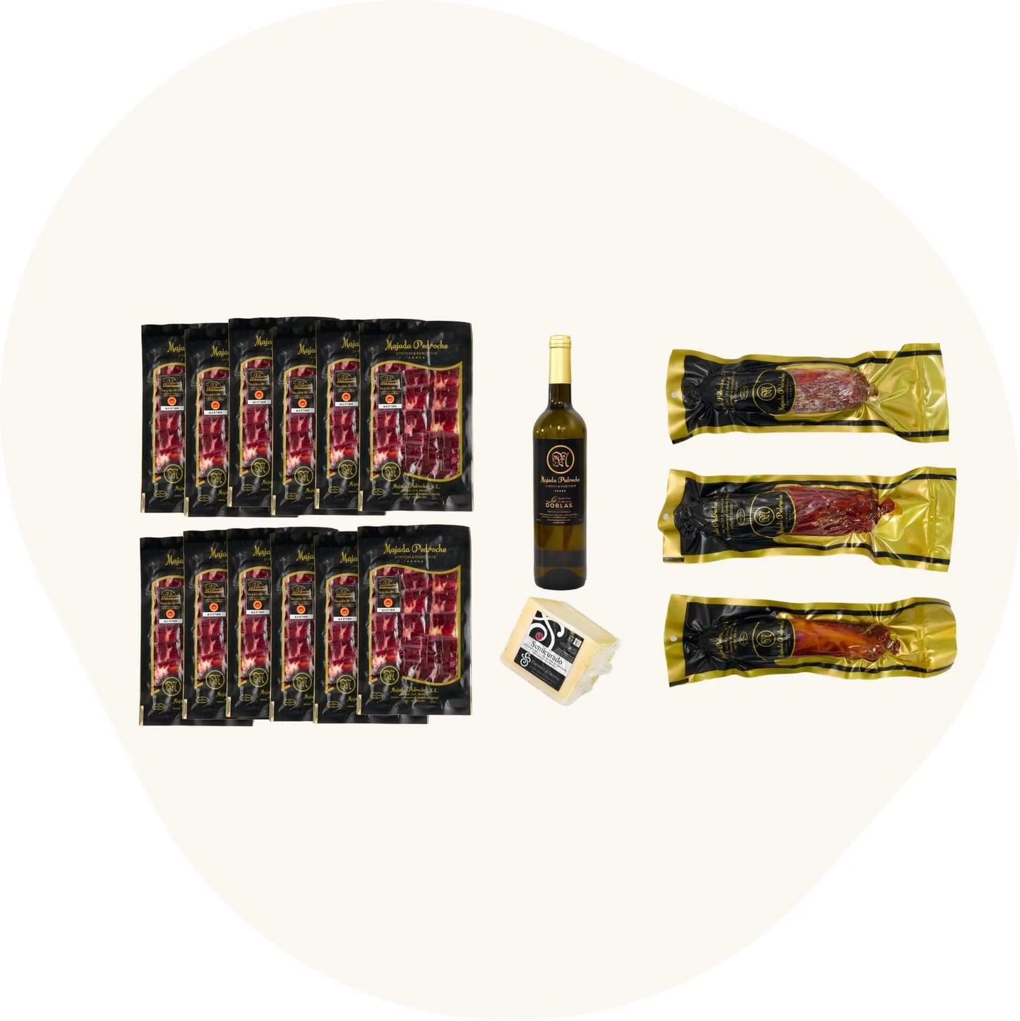 Spanisches Feinkost-Set mit fein geschnittenem Pata Negra Vorderschinken, Chorizo, Salami und Schweinelende, kombiniert mit Manchego-Käse und Weißwein. Hochwertige Produkte aus den Pedroches.