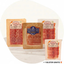 Auswahl hochwertiger Serrano-Schinkenblister aus Spanien in verschiedenen Qualitäten, präsentiert als Set inklusive einem zusätzlichen Serrano-Blister gratis.