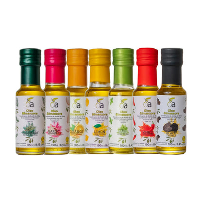 Set mit 7 Flaschen natuerlich aromatisiertem nativem Olivenol extra der spanischen Marke Oleo Almanzora, je 100ml. Sorten: Rosmarin, Knoblauch, Orange, Zitrone, Basilikum, Chili und schwarze Trueffel. Ideal als Gourmet Geschenk, Mitbringsel oder Geschenkkorb. Produkt aus Spanien, vegan, ohne Zusatzstoffe.