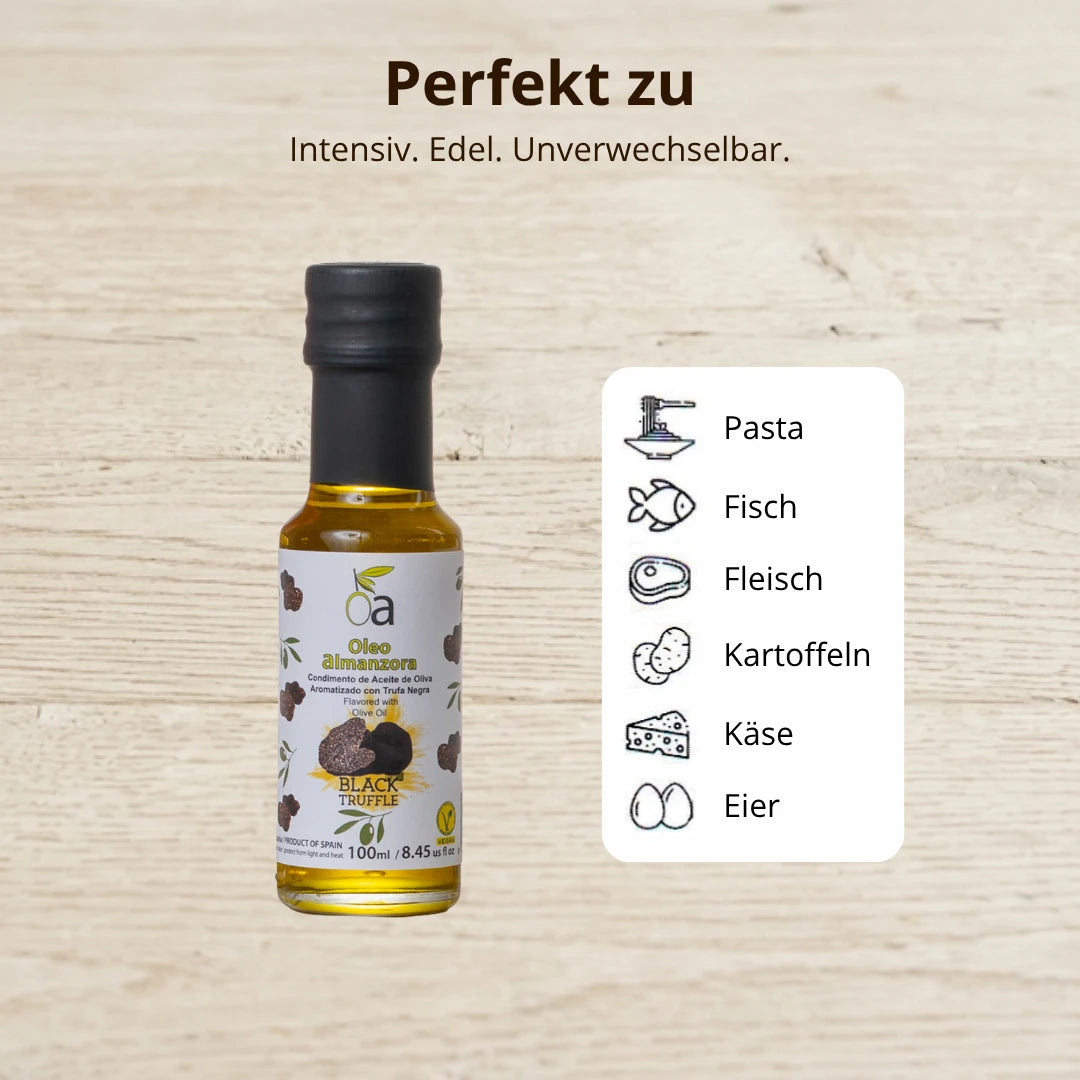 Olivenoel mit schwarzem Trueffel – intensiv und edel, perfekt fuer Pasta, Fisch, Fleisch, Kartoffeln, Kaese und Eier