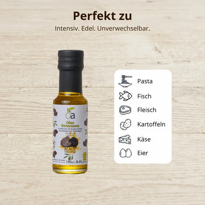 Olivenoel mit schwarzem Trueffel – intensiv und edel, perfekt fuer Pasta, Fisch, Fleisch, Kartoffeln, Kaese und Eier