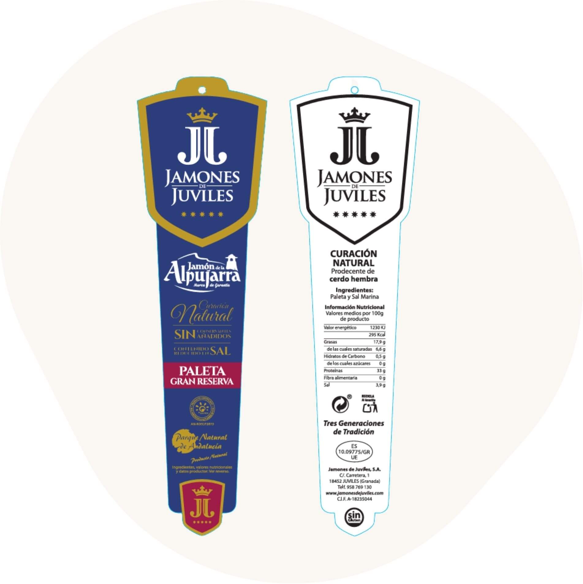 Vorder- und Rückseite der Produktetiketten für Paleta Gran Reserva von Jamones de Juviles – blaue Vorderseite mit goldenen Details, roter Kennzeichnung und Qualitäts-Siegel
