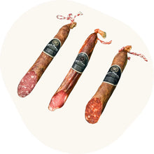 Vier iberische Wurstsorten von Majada Pedroche – Salami, Schweinelende, Chorizo und Edelnackenfilet - am Stück mit Etikett. Die Delikatessen liegen nebeneinander und zeigen ihre unterschiedliche Farbe