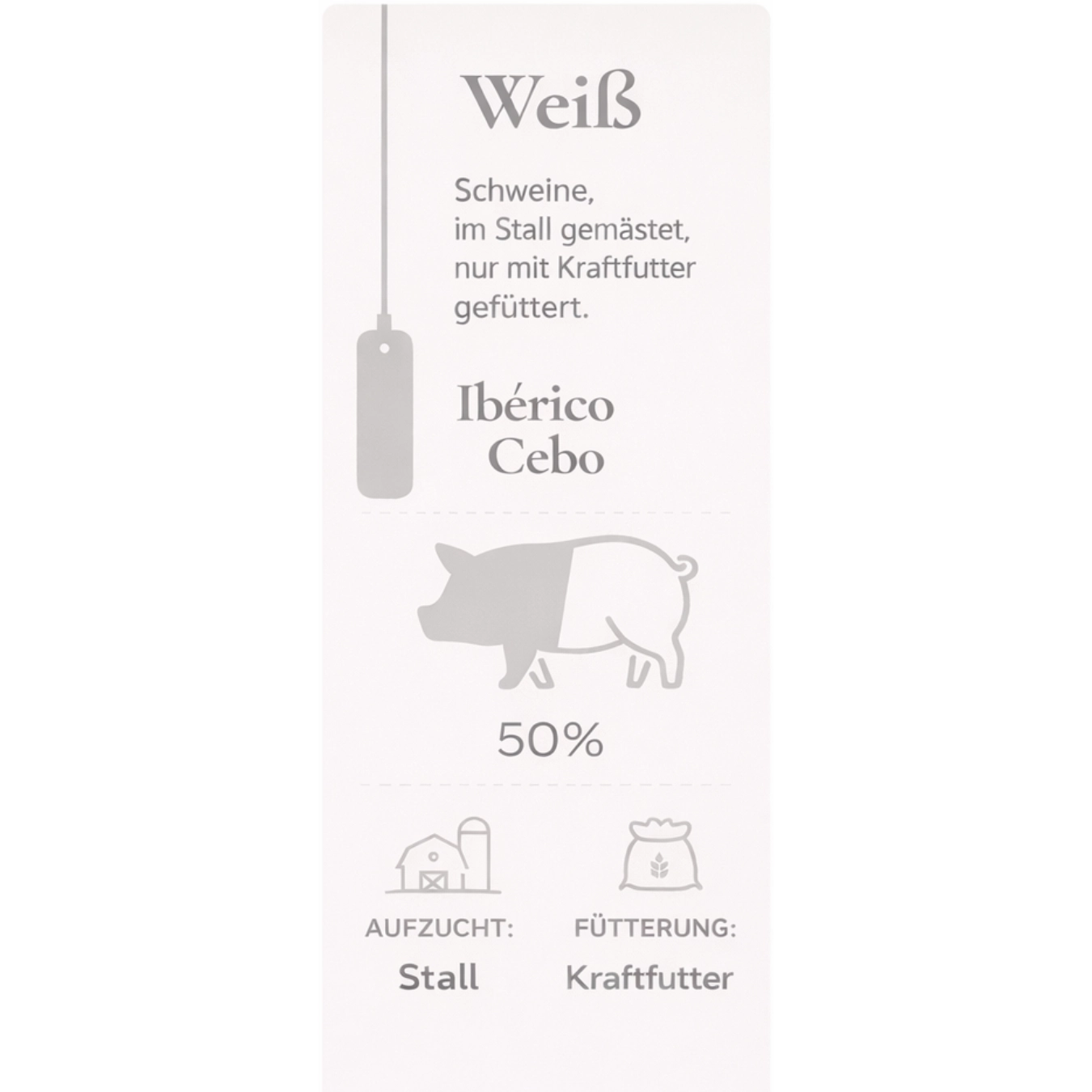 Weiße Qualitätskennzeichnung für Ibérico Cebo, 50% Ibérico, Stallhaltung, Fütterung mit Kraftfutter.