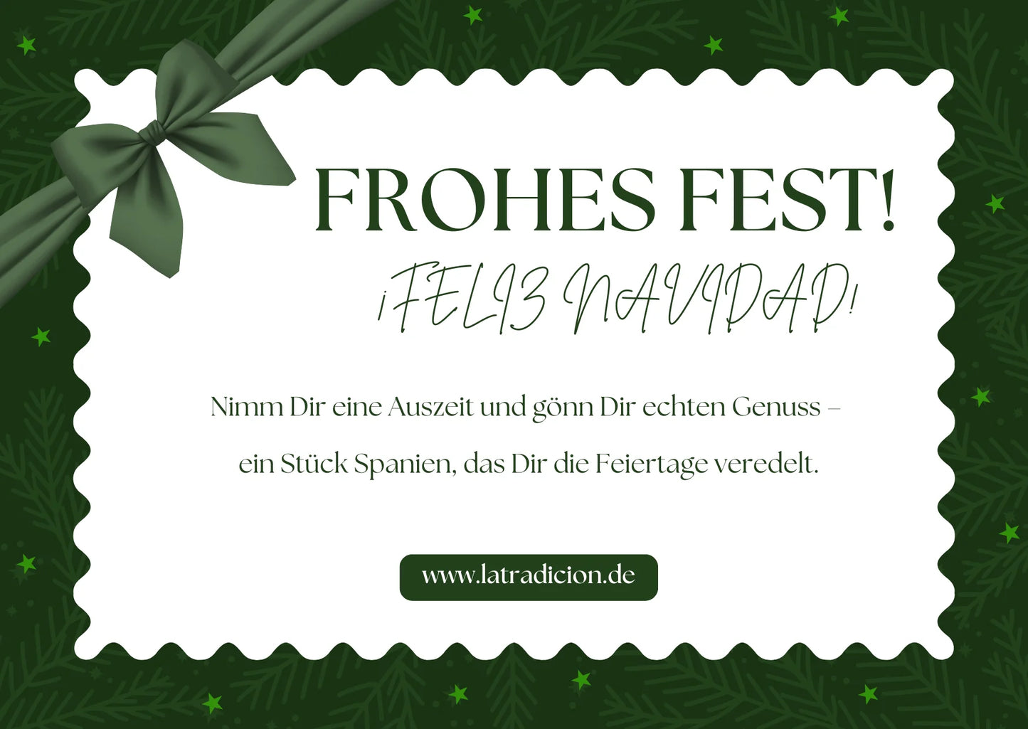 Weihnachtliche Geschenkkarte in Grün mit Schleife und spanischem Genussgruß.