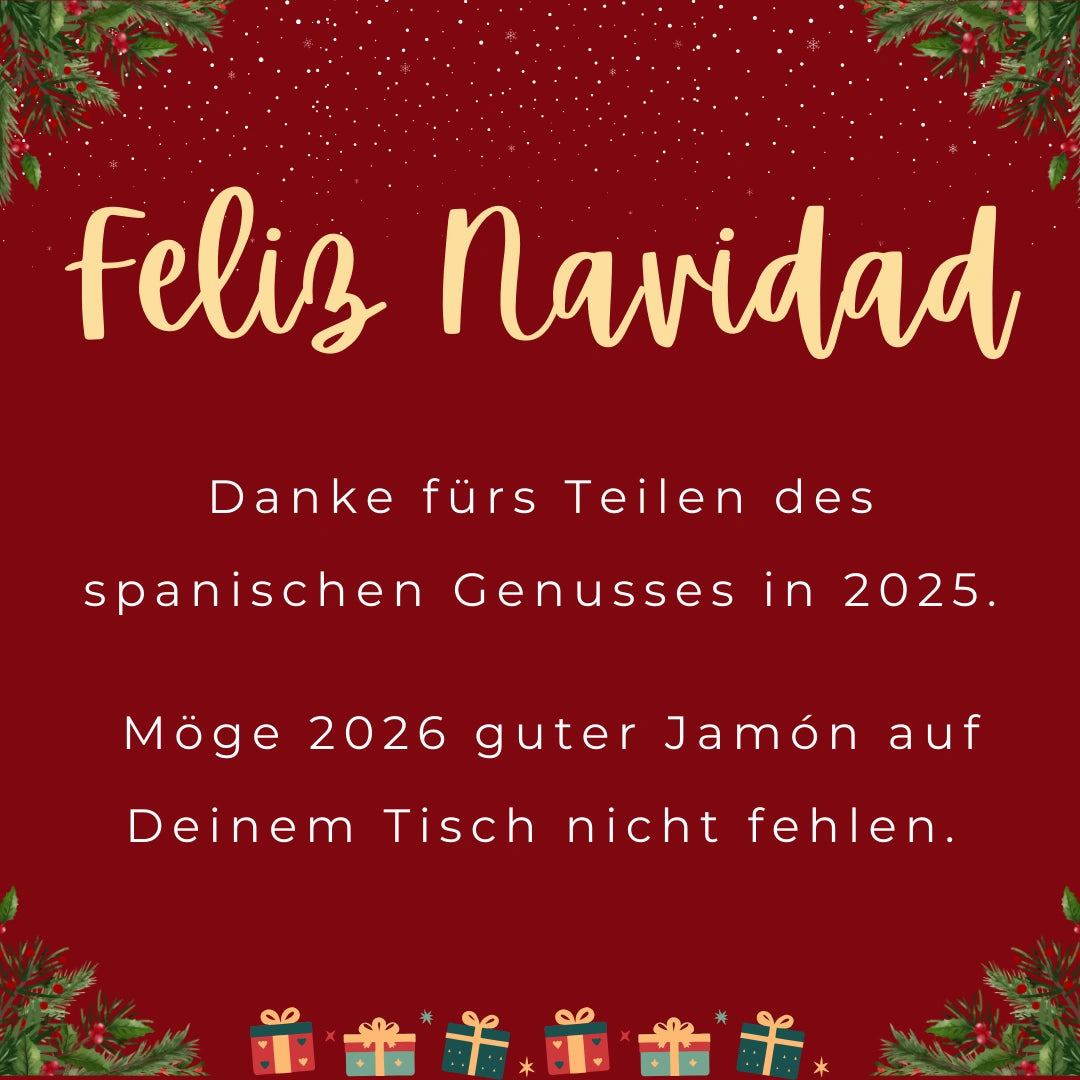 Weihnachtsbanner mit rotem Hintergrund, Tannenzweigen und Geschenken. Text: „Feliz Navidad“. Dank für das Teilen spanischen Genusses 2025 und Wunsch nach gutem Jamón für 2026.