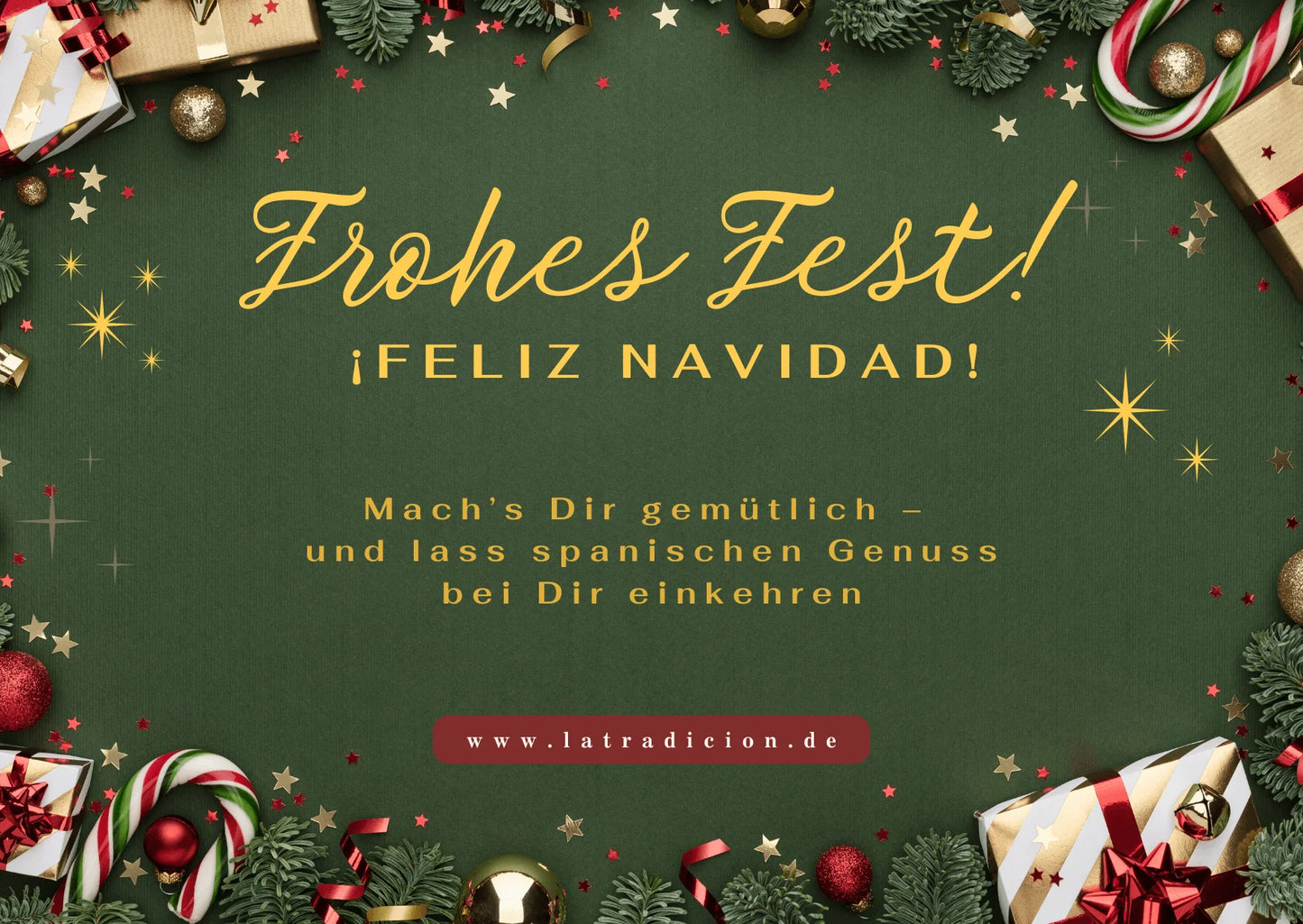 Weihnachtskarte in Grün mit Geschenken und spanischem Feliz-Navidad-Gruß
