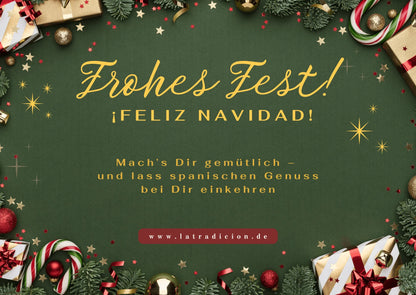 Weihnachtskarte in Grün mit Geschenken und spanischem Feliz-Navidad-Gruß