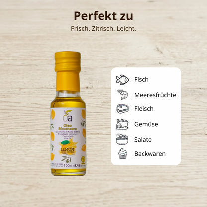 Olivenoel mit Zitrone – perfekt fuer Fisch, Meeresfruechte, Fleisch, Gemuese, Salate und Backwaren