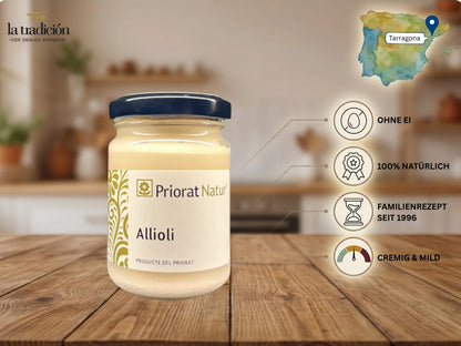 Allioli von Priorat Natur aus Tarragona – ohne Ei, 100% natürlich, Familienrezept seit 1996, cremig und mild – La Tradición