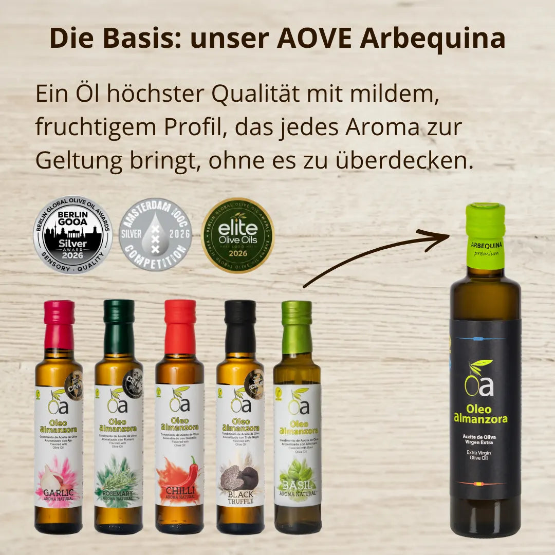 Aceite de Oliva Virgen Extra Arbequina als Basis für aromatisierte Olivenöle mit Knoblauch, Rosmarin, Chili, schwarzem Trüffel und Basilikum von Oleo Almanzora