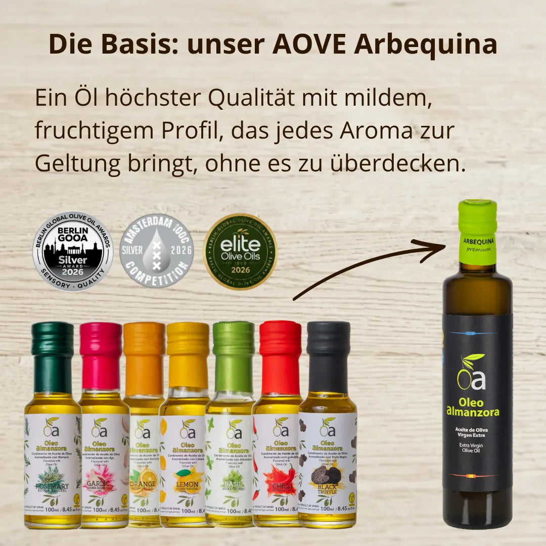 Aceite de Oliva Virgen Extra Arbequina als gemeinsame Basis für sieben aromatisierte Olivenöle: Rosmarin, Knoblauch, Orange, Zitrone, Basilikum, Chili und schwarzer Trüffel von Oleo Almanzora