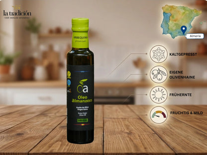 Arbequina Olivenöl Extra Vergine 250 ml – kaltgepresst, Frühernte, eigene Olivenhaine in Almería – Oleo Almanzora für La Tradición