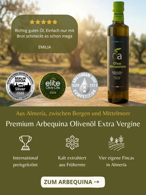 Arbequina Olivenöl Extra Vergine von Oleo Almanzora aus Almería, Frühernte aus vier eigenen Fincas, international preisgekrönt, mit Kundenbewertung
