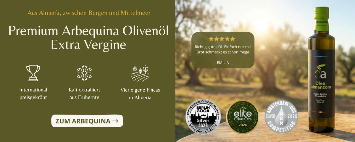 Arbequina Olivenöl Extra Vergine von Oleo Almanzora aus Almería, Frühernte aus vier eigenen Fincas, international preisgekrönt, mit Kundenbewertung