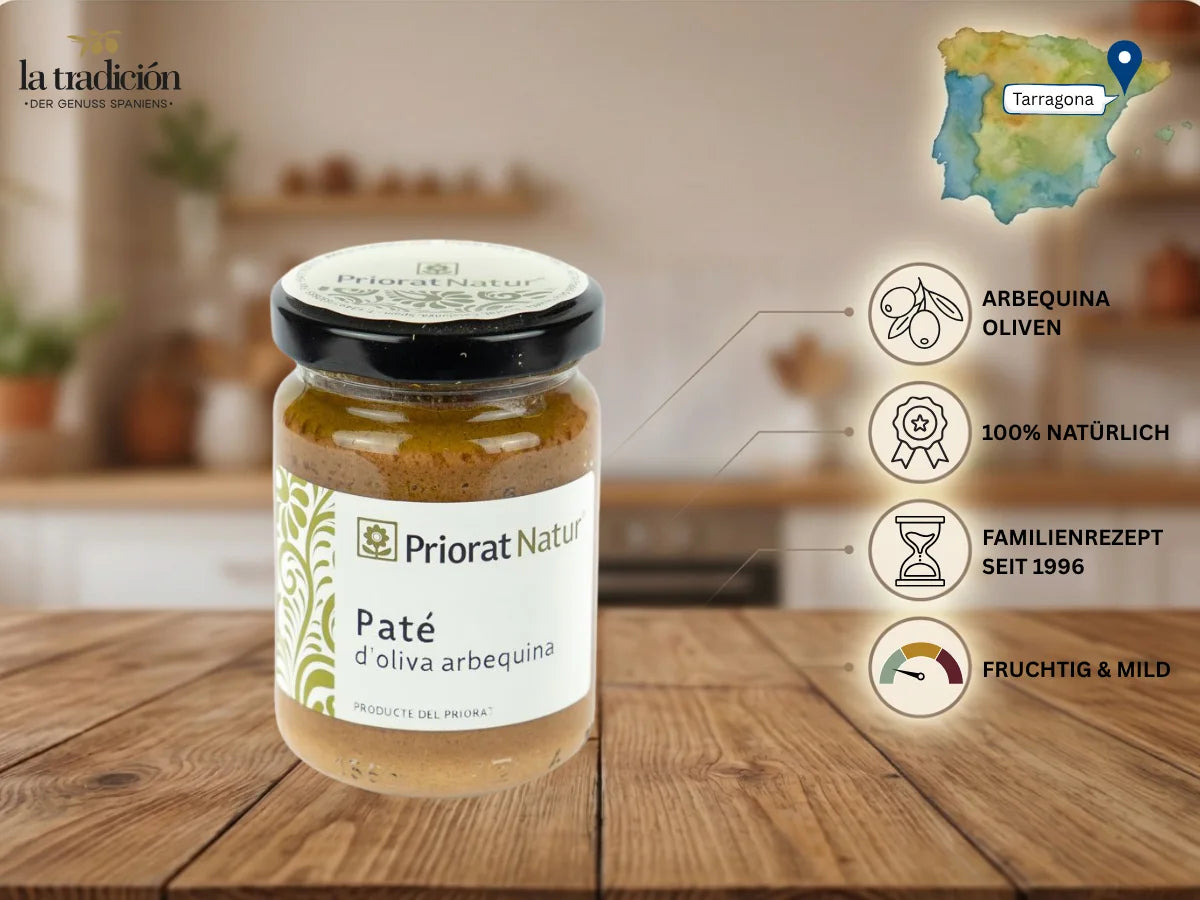 Arbequina-Oliventapenade von Priorat Natur aus Tarragona – Arbequina-Oliven, 100% natürlich, Familienrezept seit 1996, fruchtig und mild – La Tradición