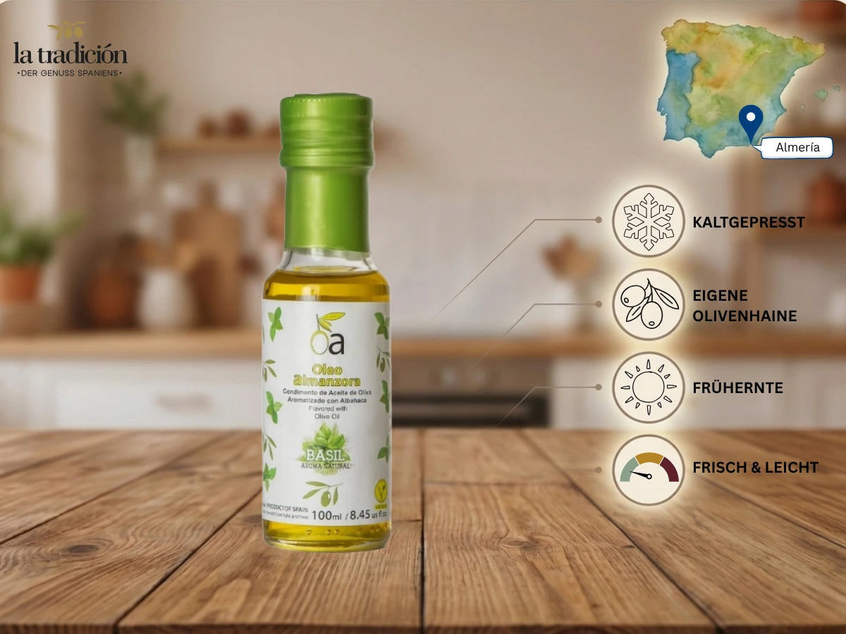 Arbequina Olivenöl mit Basilikum 100ml – kaltgepresst, Frühernte, eigene Olivenhaine in Almería – Oleo Almanzora für La Tradición