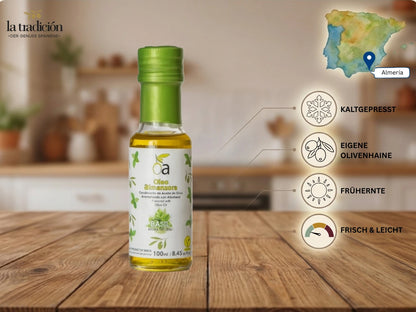 Arbequina Olivenöl mit Basilikum 100ml – kaltgepresst, Frühernte, eigene Olivenhaine in Almería – Oleo Almanzora für La Tradición