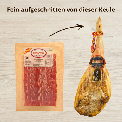 amón Gran Reserva Duroc von Baza – aufgeschnittene Packung und ganze Keule im Vergleich, Naturreifung, aus Granada