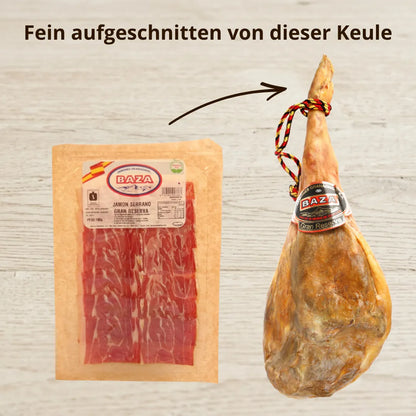 Jamón Serrano Gran Reserva von Baza – aufgeschnittene Packung und ganze Keule im Vergleich, über 20 Monate gereift, aus Granada