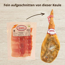 Jamón Serrano Reserva von Baza – aufgeschnittene Packung und ganze Keule im Vergleich, Naturreifung, aus Granada